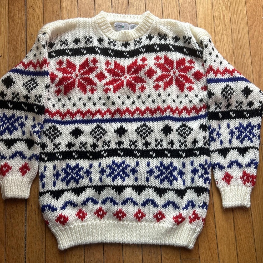 Vintage 90s 1X Oversized Chunky Knit Sweater Patriotic Red White Blue Ski Ugly